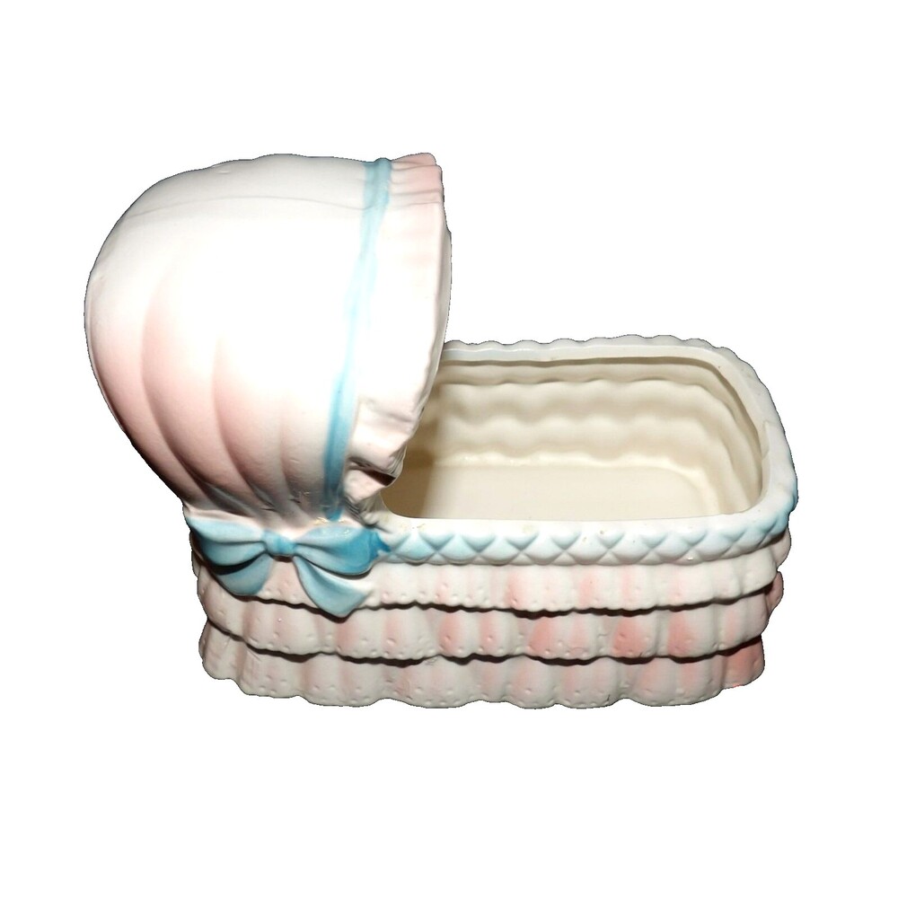Relpo Bassinet Musical BABY Ceramic Planter Nursery Brahms Lullaby Music Box VTG